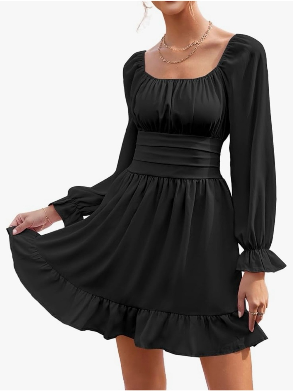 Amazon Black Long-Sleeve Square Neck Ruffle Hem Dress